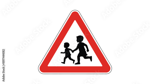 Children crossing road warning sign triangular traffic symbol illustration for school safety pedestrian alert and transportation awareness