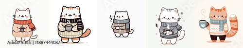 cute winter cat vector drinking coffee