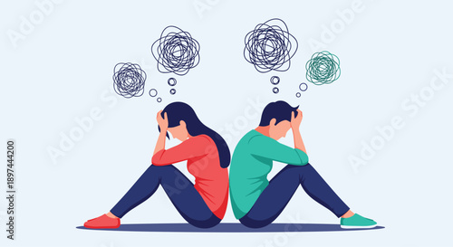 Couple sitting back-to-back in distress with tangled thoughts, illustrating miscommunication, anxiety, and relationship problems.