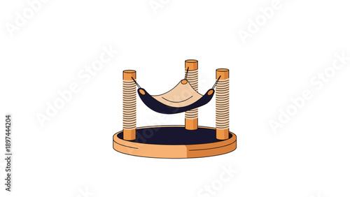 Modern cat furniture piece featuring several scratching posts and a central fabric hammock for feline relaxation and play activities.