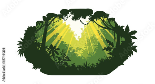 A lush green jungle scene with sunlight streaming through the trees