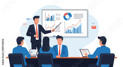 Business leader gives a presentation with charts and graphs to colleagues during a corporate meeting in a modern conference room.