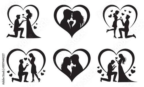 Romantic Couple Proposal Silhouette Set in Heart Shapes