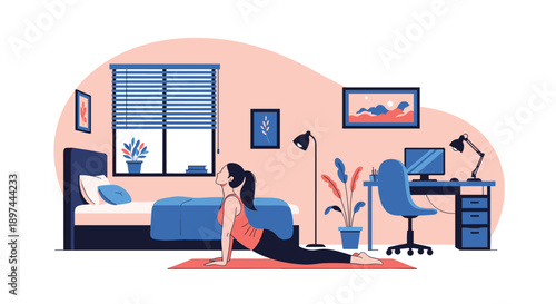 Woman practicing the cobra yoga pose on a mat as part of her morning fitness routine in a cozy and modern bedroom at home.