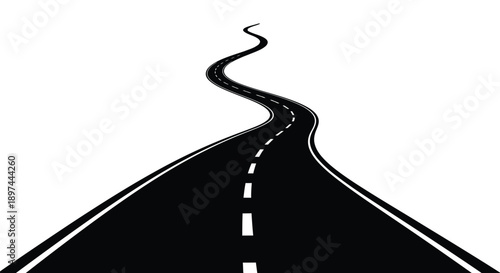 A winding black road stretches into the distance on a white background