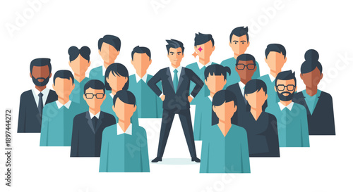 Confident businessman standing out from the crowd as a leader, with a team of diverse professionals behind him.