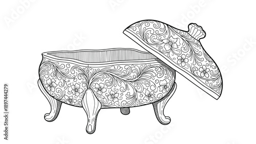 Elegant open jewelry box with ornate floral carvings and a footed base shown in a detailed black and white vintage drawing style.