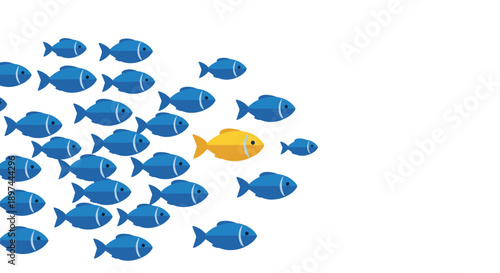 Unique golden fish swimming against the current of a large school of blue fish, symbolizing individuality and leadership.