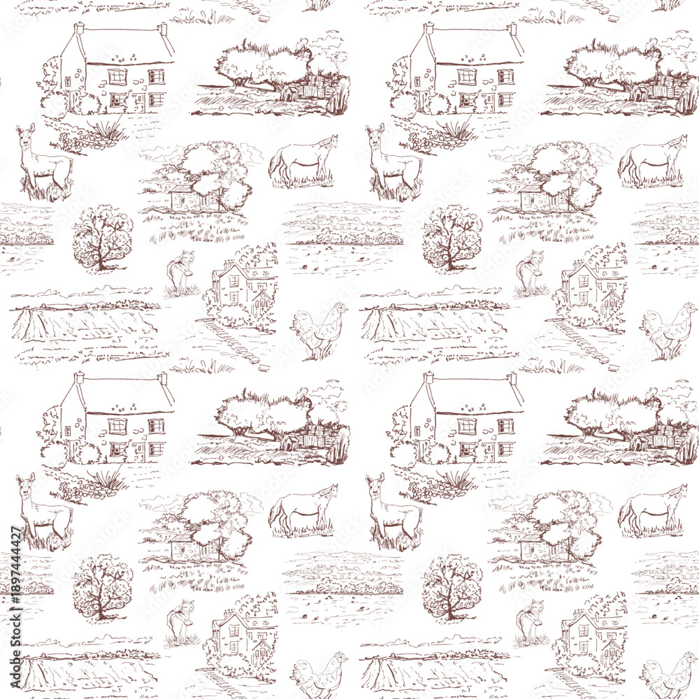Ταπετσαρία Elegant Toile de Jouy pattern with quaint cottages and picket fences