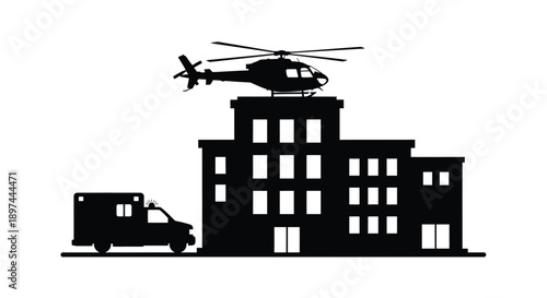 A black silhouette depicts a hospital with a helicopter and ambulance