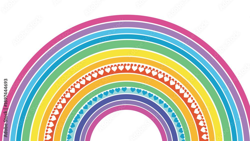 Fototapeta premium Colorful rainbow illustration features multiple arched bands and two rows of small heart shapes for a cheerful and whimsical artistic theme.