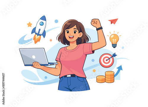 Excited woman with laptop celebrating success, flat vector illustration