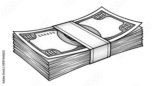 Stack of hundred dollar bills secured with a paper band shows detailed engravings and a large amount of cash for finance and wealth.