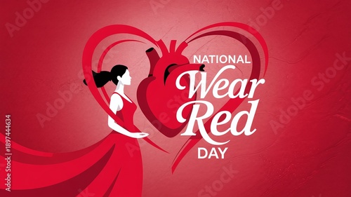 Elegant Woman in Red Gown with Heart Silhouette for National Wear Red Day Campaign Promoting Women's Heart Health Awareness and Support Events