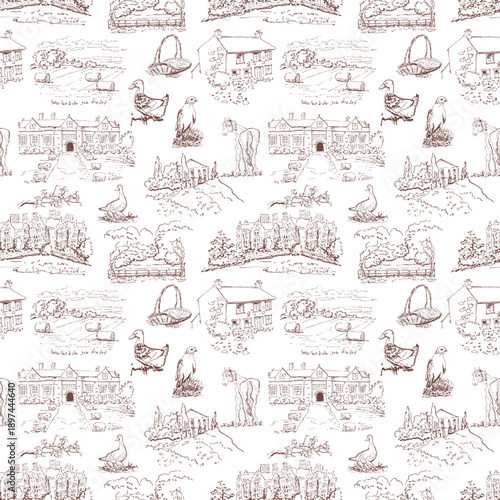 Detailed Toile de Jouy pattern with farm animals and rustic buildings