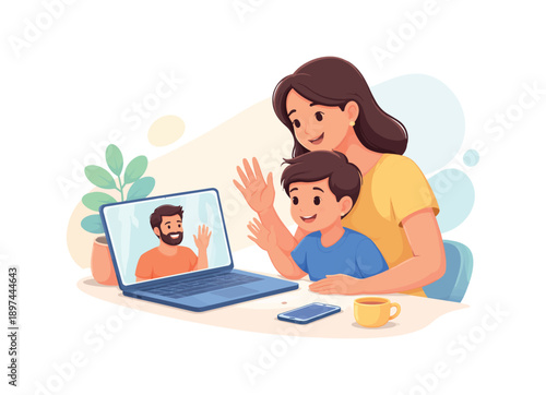 Mother and child video calling on laptop, flat vector illustration
