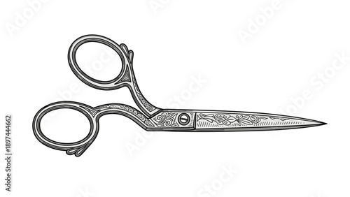 Detailed illustration of antique sewing scissors shows the decorative engraved patterns on the handles and the long sharp metal blades.