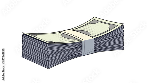 Large stack of paper money or colored bills secured by a white band represents significant financial wealth, savings, and monetary value.
