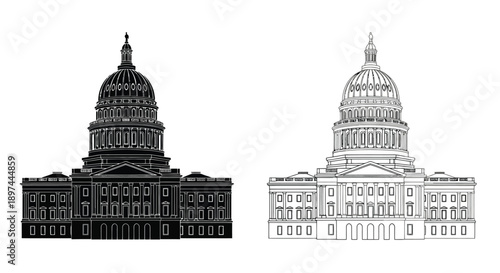 United states capitol building illustrations in black and white line art
