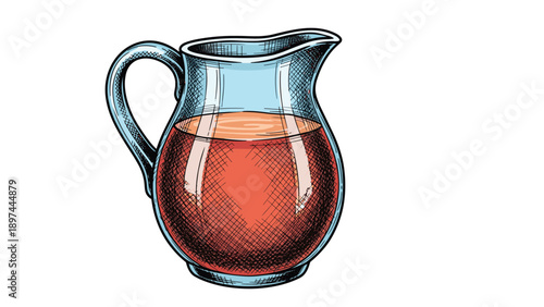 Glass pitcher filled with a vibrant orange or red fruit juice shows detailed reflections and shading to suggest a refreshing cold beverage.