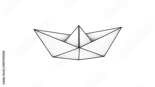 Origami paper boat illustration uses delicate stippling and light shadows to create a three dimensional effect of a folded paper object.