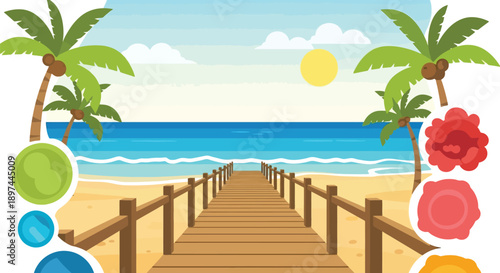 A vibrant illustration depicting a tropical beach scene with a wooden pier