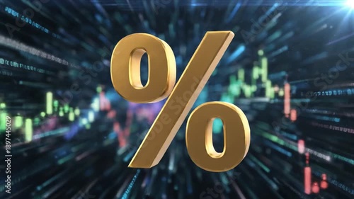 Golden percentage symbol over a blurred financial graph with data streams and light effects, representing economic growth and investment