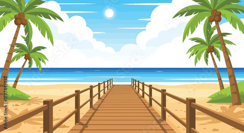 A sunny beach scene featuring a wooden boardwalk and palm trees