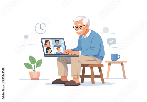 Elderly man using laptop for video call from home, flat vector illustration