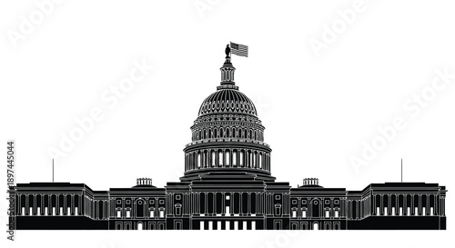 Black and white illustration of the united states capitol building