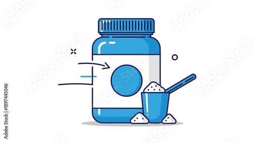 Large plastic tub of protein supplement powder with a measuring scoop and piles of white powder for fitness and bodybuilding.