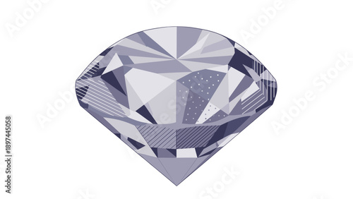 Brilliant cut diamond gemstone with multiple facets reflecting light in shades of grey and purple on a white background.