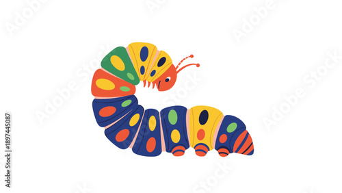 Cartoon illustration of a bright and colorful caterpillar with various spots on its segments crawling on a white background.