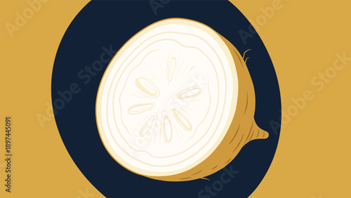 Cross section of a jicama root vegetable showing its white fibrous interior on a dark blue and orange circular background.