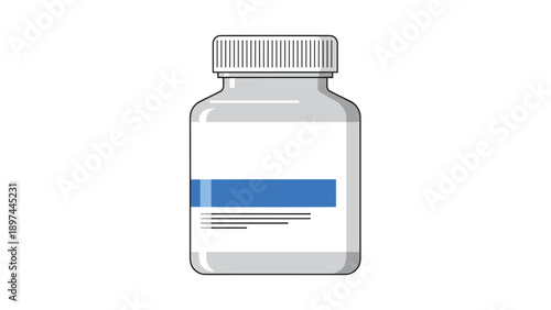 White plastic medicine bottle with a blue label and a screw cap for storing pills or capsules in a pharmacy setting.
