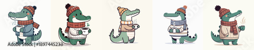 cute crocodile vector winter drinking coffee