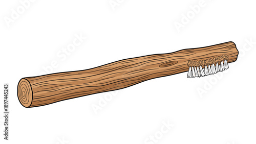 Creative illustration of a wooden log transformed into a toothbrush with white bristles along one side for natural dental care.