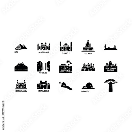Illustrations of famous landmarks and monuments around the world are displayed.