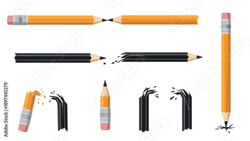 Set of yellow and black pencils shown in various states of being broken, sharpened, and used for school or office work.