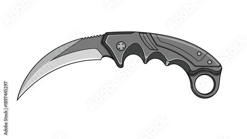 Tactical karambit knife with a curved blade and an ergonomic black handle featuring a finger ring for a secure grip.