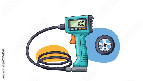 Electronic digital tire pressure gauge with a long hose and a wheel icon for automotive maintenance and car care.