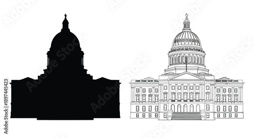 United states capitol building depicted in silhouette and detailed line art