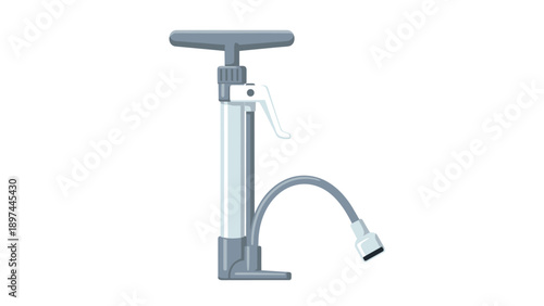 Gray manual hand pump with a handle and flexible hose for inflating sports balls, bicycle tires, or inflatable toys.
