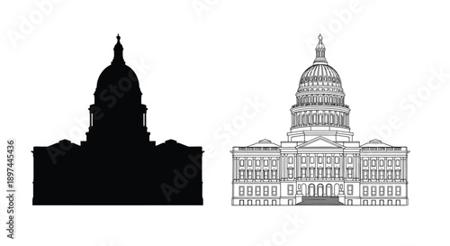 Two depictions of capitol buildings one solid black one detailed line drawing
