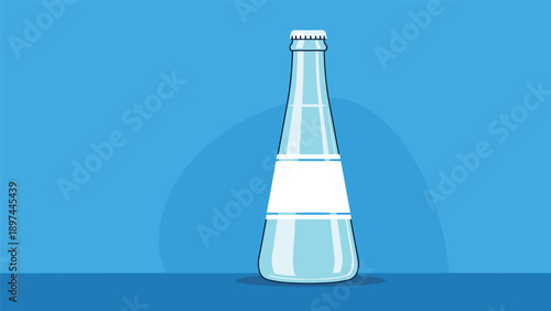 Glass water bottle with a white label and a metal cap set against a blue background for refreshing drink branding.