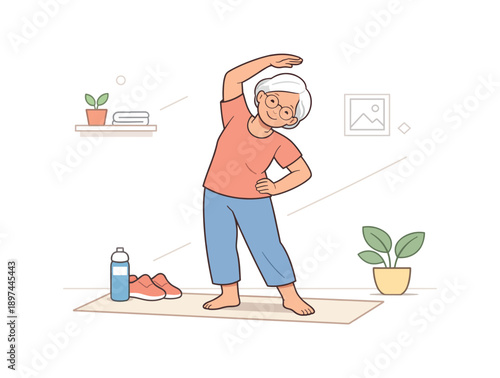 Elderly woman doing a standing side stretch, flat vector illustration