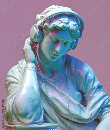 Antique sculpture of a woman listening music with headphones