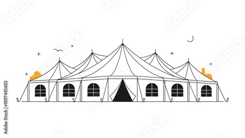 Large white circus tent or marquee with multiple peaks and a wide entrance on a white background with small icons.