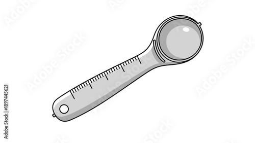 Versatile gray plastic measuring scoop with markings along the handle and a deep round head for kitchen or lab use.