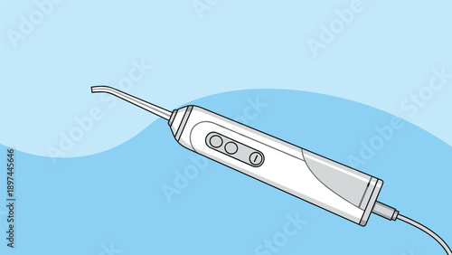 Portable electric water flosser or oral irrigator for teeth cleaning and gum health on a blue wavy background.